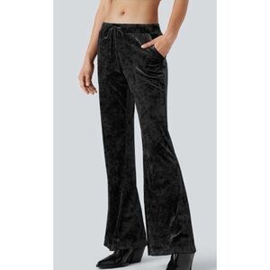 Halara Low Rise Drawstring Velvet Casual Flare Pants with Pockets Black